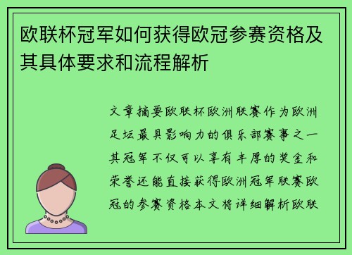 欧联杯冠军如何获得欧冠参赛资格及其具体要求和流程解析